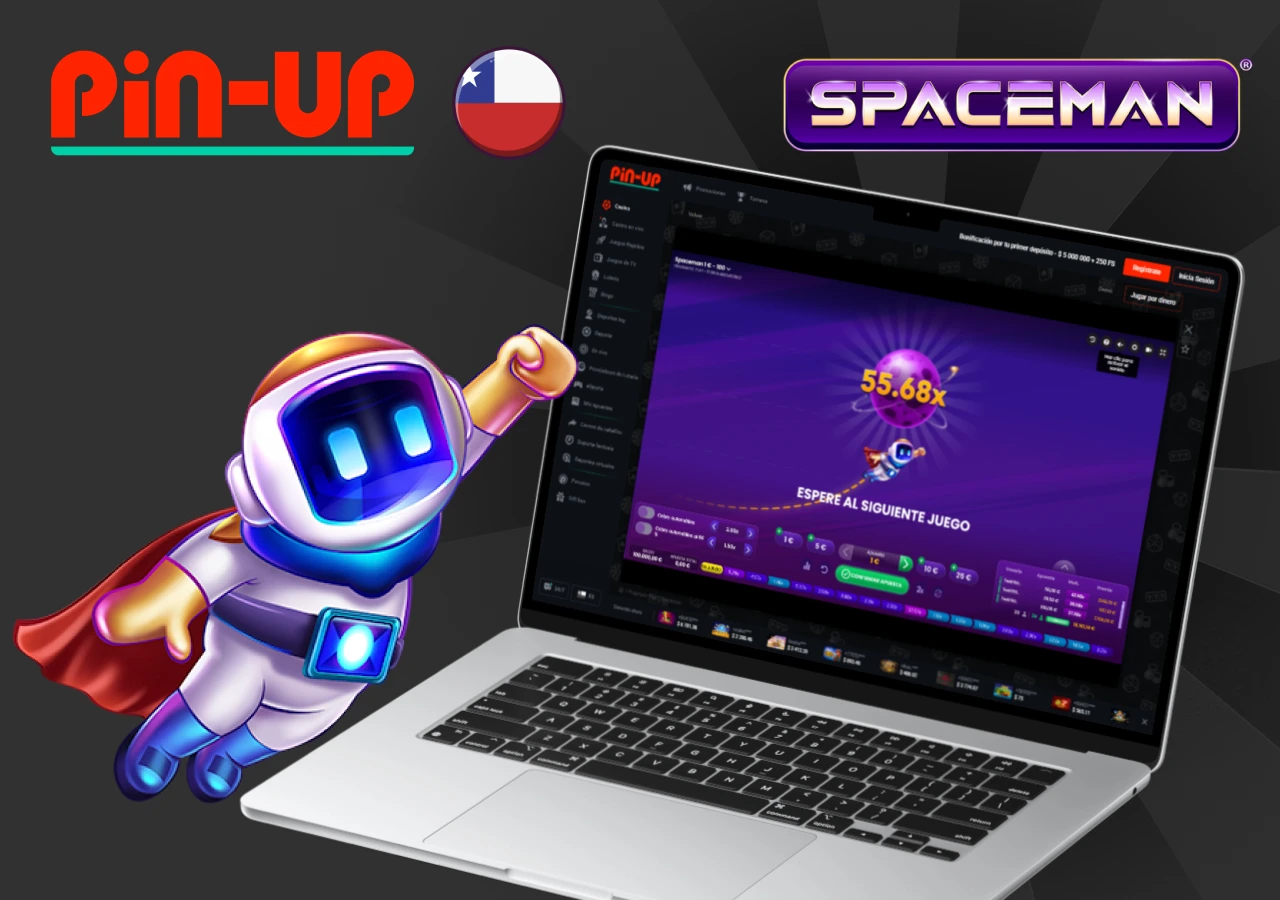Laptop mostrando el juego Spaceman con astronauta animado y multiplicadores en la plataforma de Pin-Up Chile